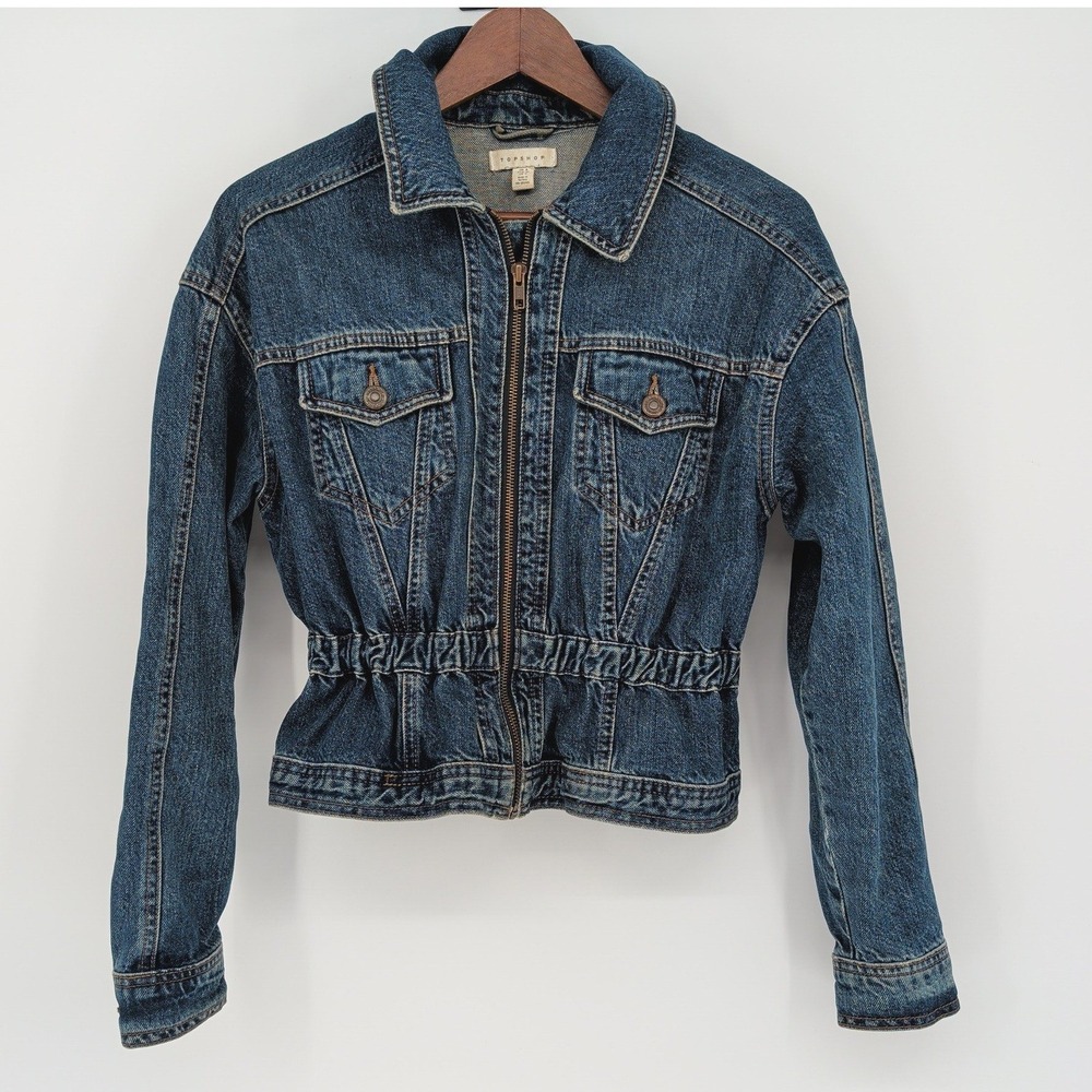 Topshop Cinched Waist Cropped Denim Jacket Blue Cotton Zip Front US 4